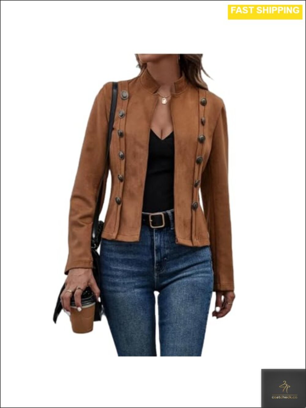 Faux Suede Cropped Jacket Double Breasted Long Sleeve Vintage Coat